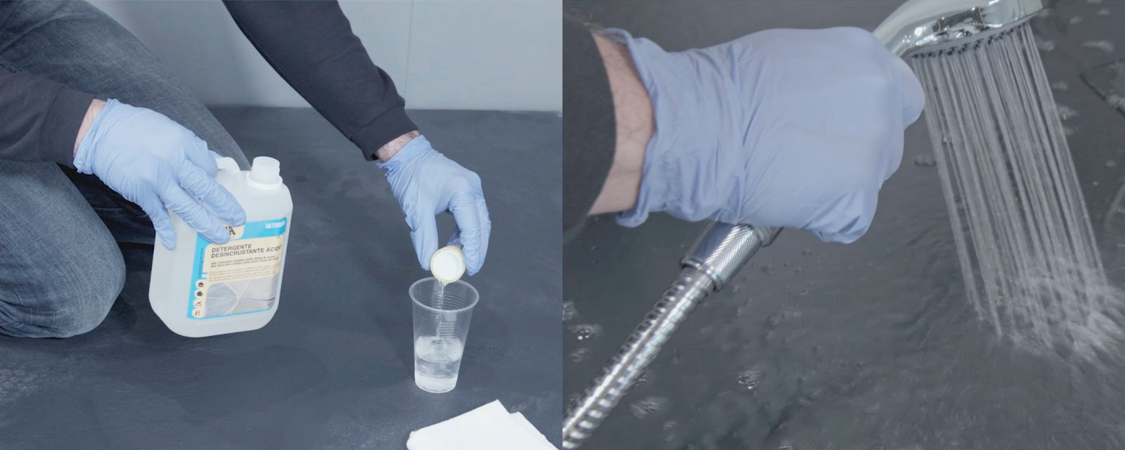 Artisan en train de diluer du produit de nettoyage dans de l'eau pour l'appliquer sur un receveur de douche