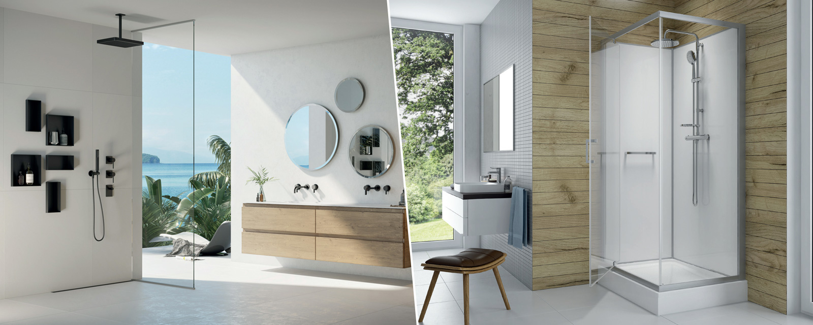 montage illustrant à gauche un douche à l'italienne et à droite une cabine de douche