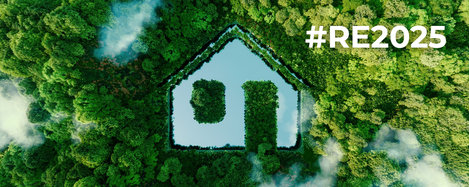 Illustration d’une maison écologique intégrée dans une forêt, symbole de la réglementation environnementale RE2025 et de la construction durable.