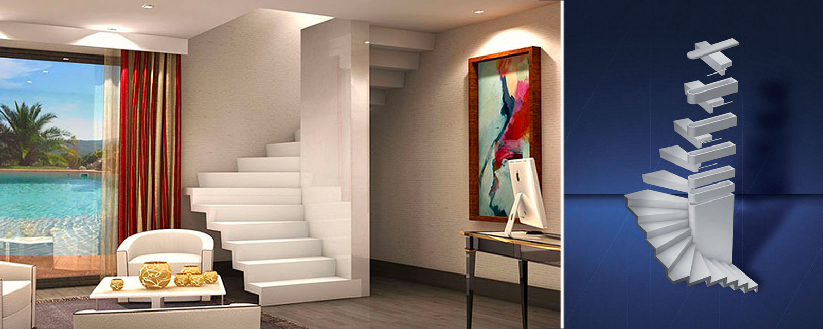 à droite de l'image une illustration de kit d'escalier et à gauche un visuel réaliste de l'escalier monté