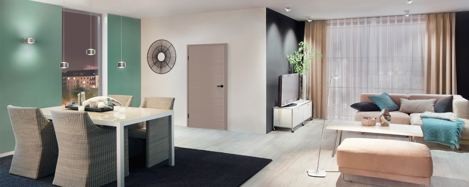 Salon séjour moderne avec salle à manger, canapé beige et décoration intérieure contemporaine
