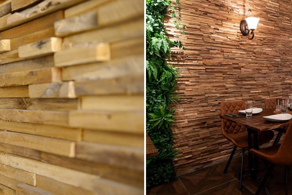 plaquettes de parement en bois Bauma Stone posés dans un restaurant