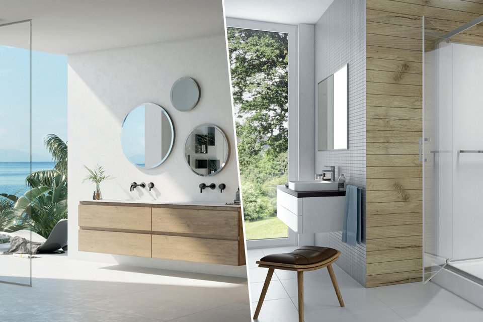 montage illustrant à gauche un douche à l'italienne et à droite une cabine de douche