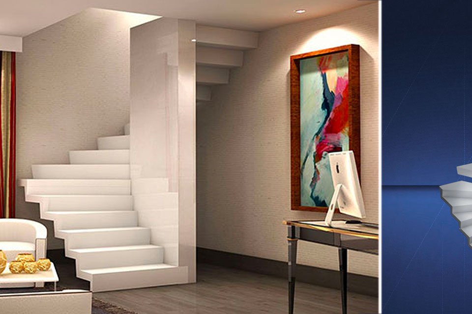 à droite de l'image une illustration de kit d'escalier et à gauche un visuel réaliste de l'escalier monté