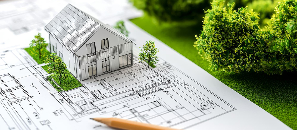 Maquette de maison individuelle posée sur des plans d'architecte avec végétation miniature.