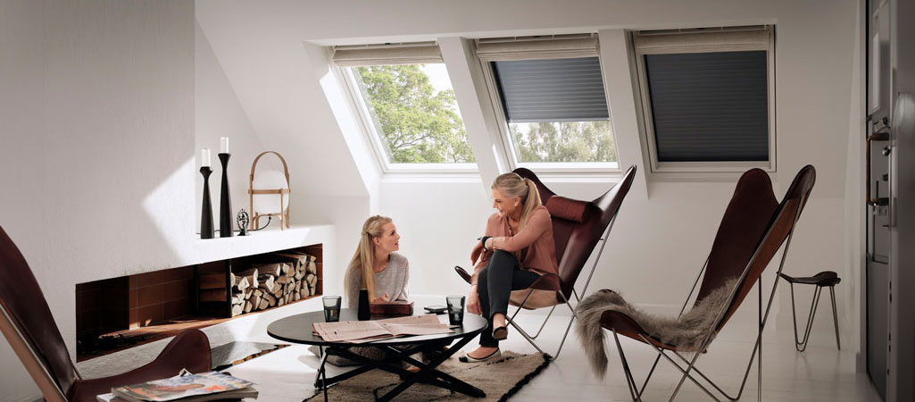 deux femmes discutant sous le volet roulant velux